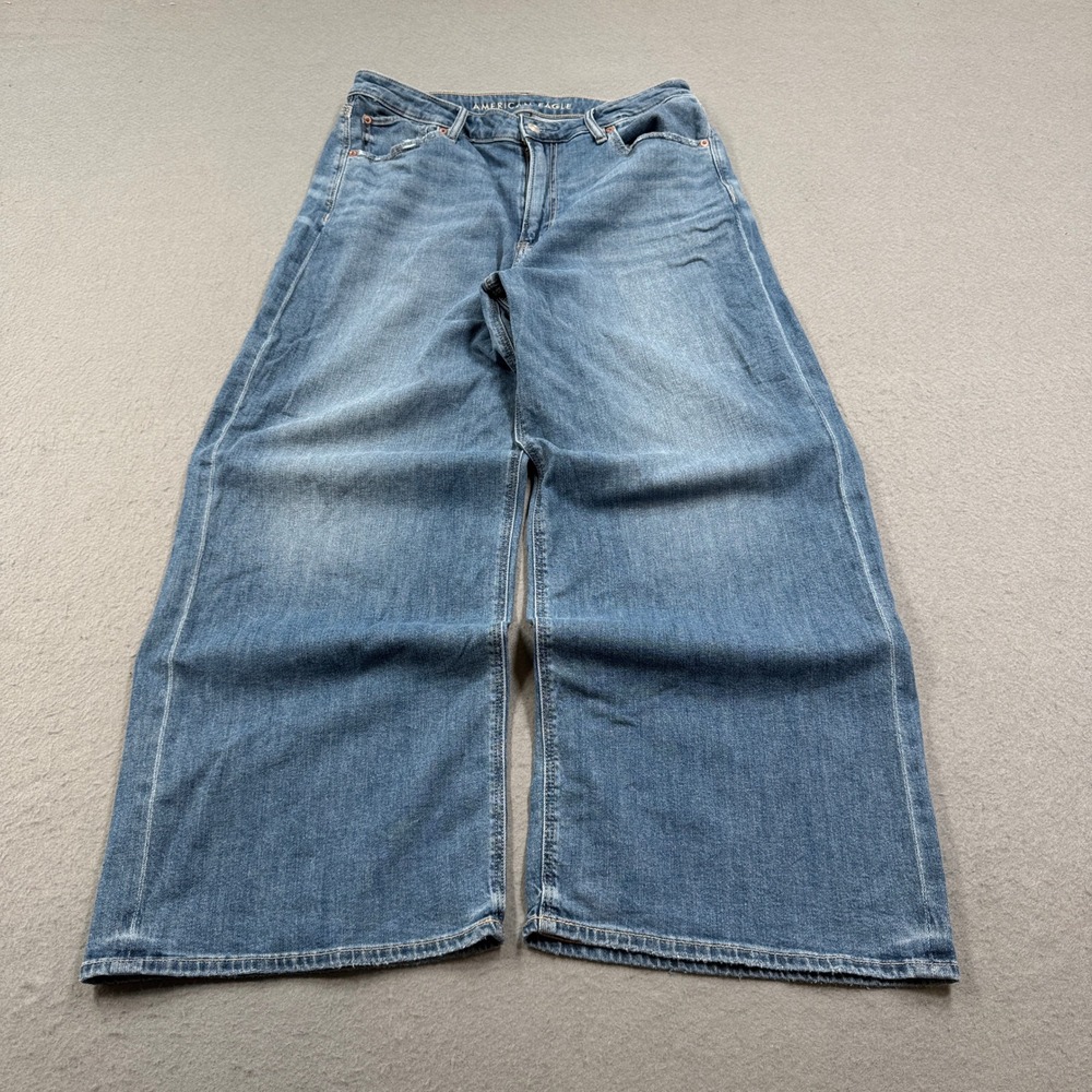 American Eagle Baggy Jeans Women's 12 Short Blue Denim Super High Rise Stretch
